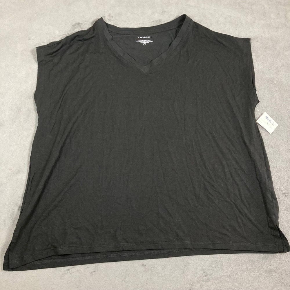 Tahari Womens Black V-Neck Cap Sleeve Modal Blend T-Shirt Top Size Large NWT